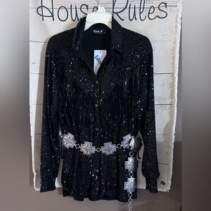 WESTERN BlueB collection Sequin fringe western shirt NWT